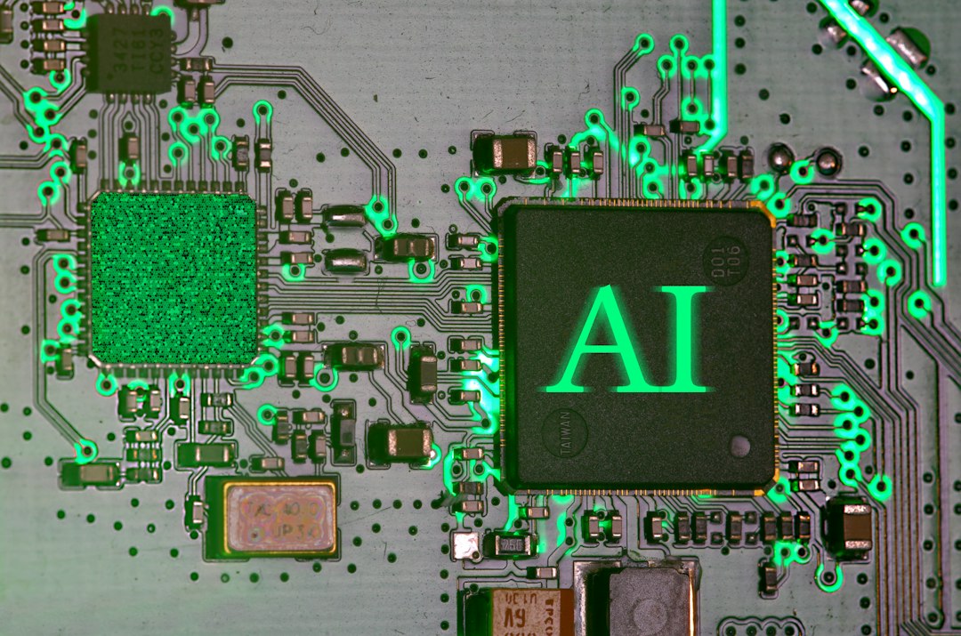 Glowing AI chip on a circuit board representing artificial intelligence technology