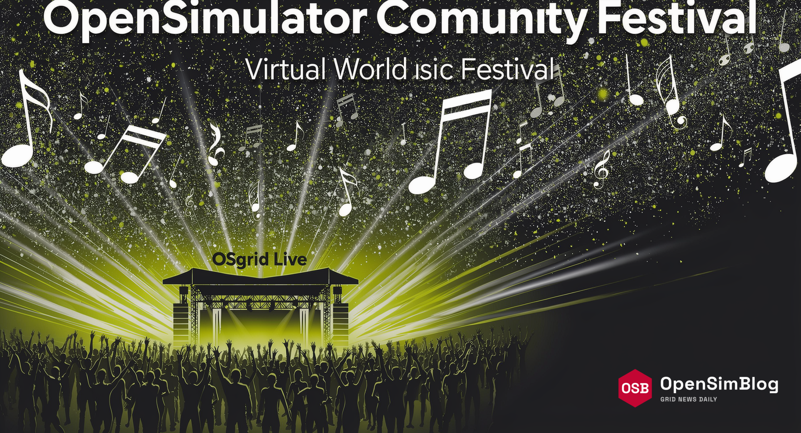 A vibrant virtual world music festival with a concert stage silhouette, neon lights, floating music notes, and cheering crowd